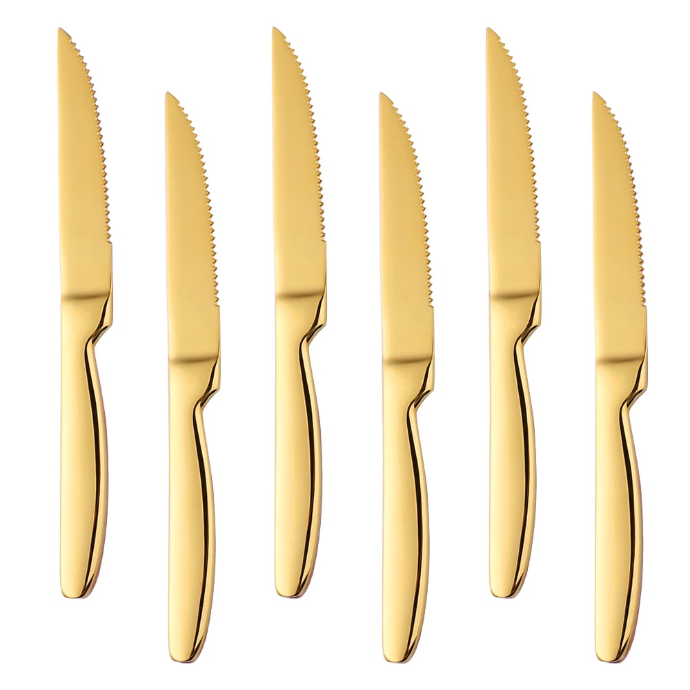 Buyer Star Gold Steak Knives Set of 6, Stainless Steel Serrated Kitchen Knife Set, Heavy Duty Dinner Knives for Cutting Meat, Beef, 8.6 Inch, Dishwasher Safe