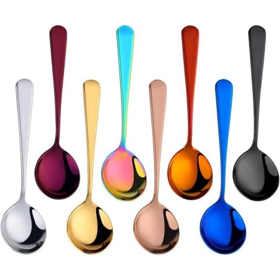 Buyer Star Round Soup Spoons, 8-Piece Stainless Steel Bouillon Spoons with Deep Bowl, 6.3 Inch Modern Thick and Short Handle Dessert Spoon Suitable for Soup, Grain, Gumbo, Dishwasher Safe