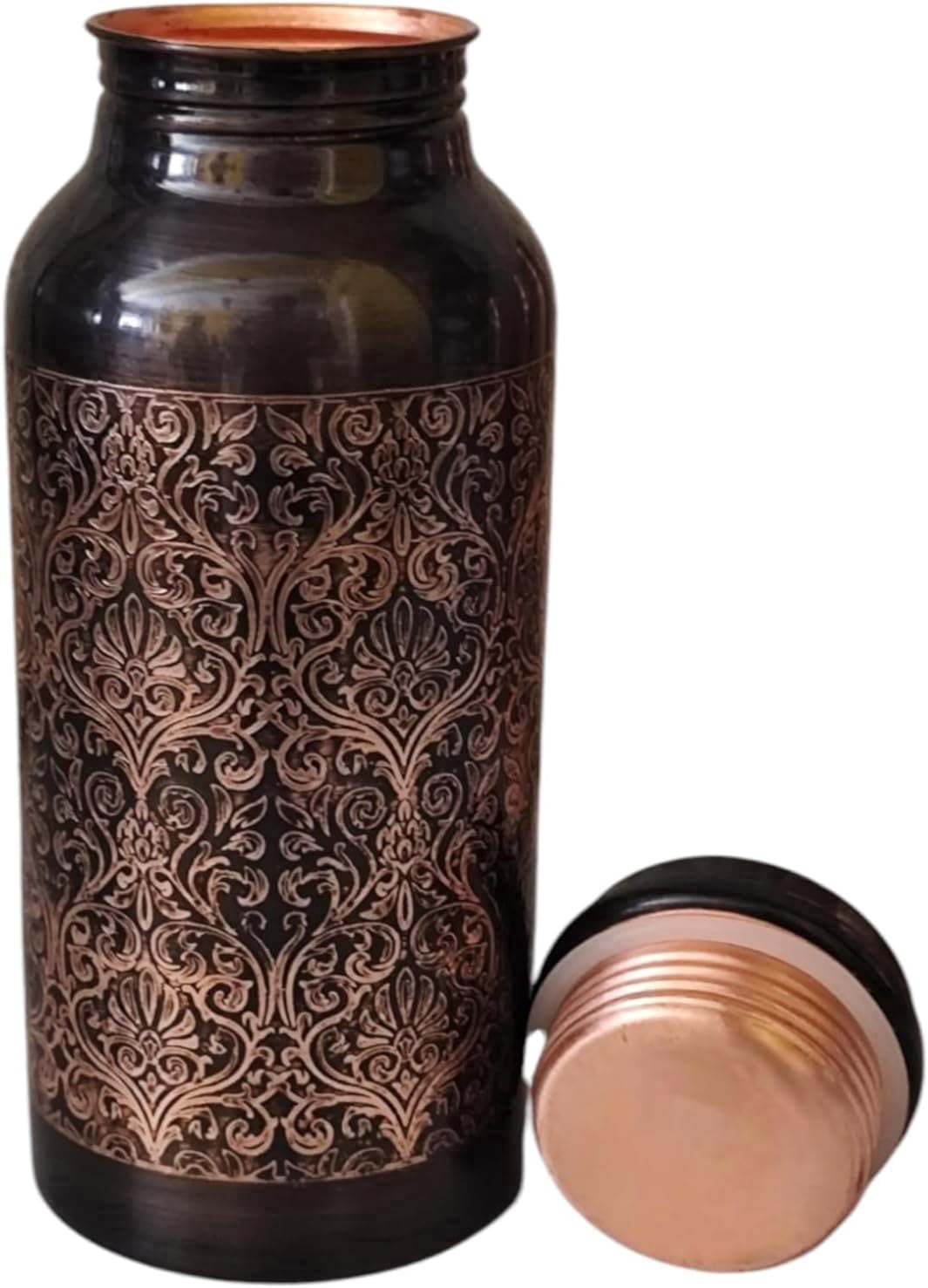 Buyerwell Embossed Copper Water Bottle 17 Oz with Lid, Ayurvedic Water Bottle , Water Vessel - Small -Leak Proof - Antique Finish