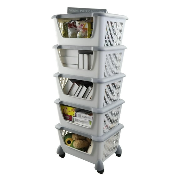 Buyitt 5-Tier Plastic Stackable Storage Bins for Pantry, Stacking Organizing Baskets with Wheels