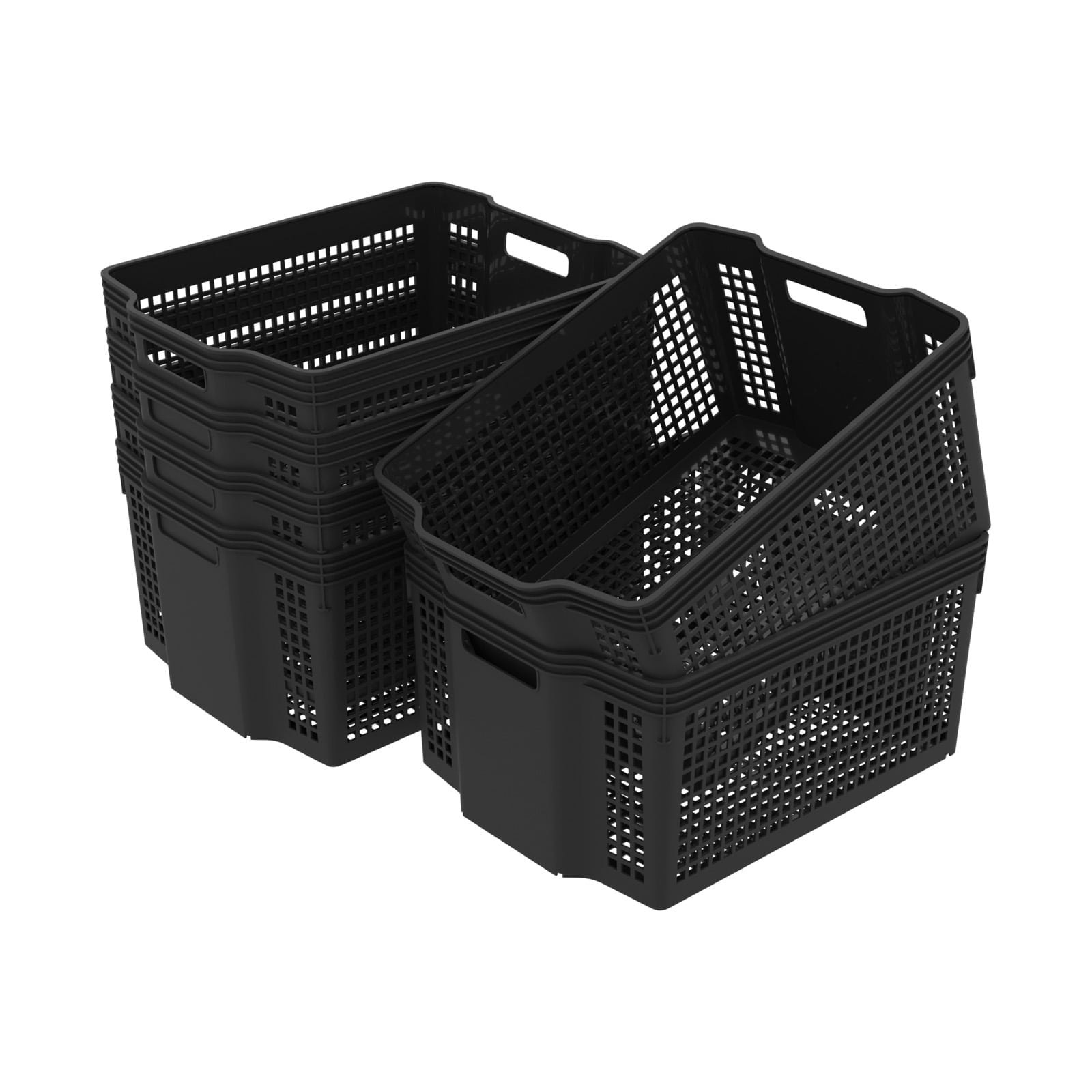 Buyitt 6-Pack Large Plastic Deep Stacking Baskets, Black Storage Baskets, Multi-Purpose, Ideal for Closets, Cabinets, Shelves, Countertops