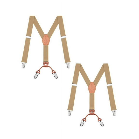 Buyless Fashion 2 Pack Adjustable Suspenders for Kids - 26" Elastic Straps 1" - Leather Y Shape Back - 5151-2 - Tan