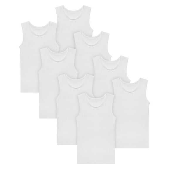 Buyless Fashion Big Girls Tagless Cami Scoop Neck Undershirts White Cotton Tank With Trim (8 Pack)  - TW18-GWW-9-10