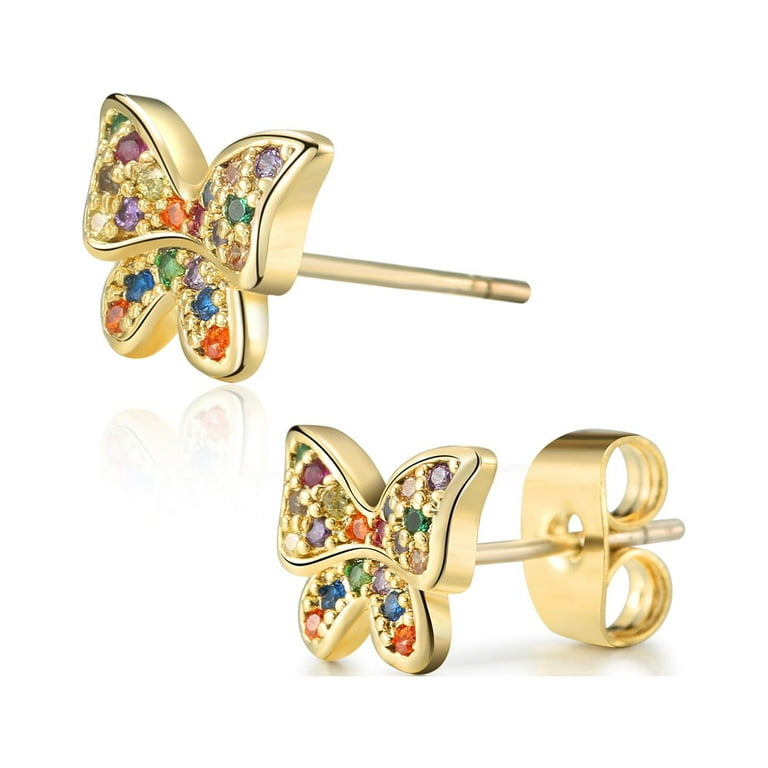 Buyless Fashion Girls Butterfly Stud Earrings Hypoallergenic Stainless Steel with Sparkling Zirconia Girl s Size Multi Color Red