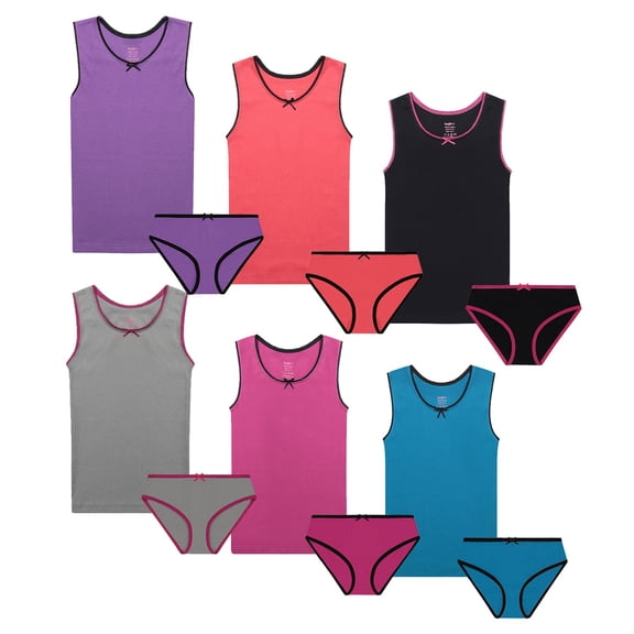 Buyless Fashion Girls Underwear Set - Tagless Cami Tank and Matching Panties - Soft Cotton w/ Colored Trim, Little Toddler - Teen Size Briefs  (12 Pack) - TB12-GA-1-2