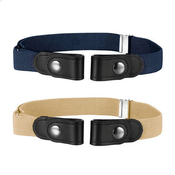 Buyless Fashion Kids Boys Girls No Buckle Adjustable Elastic Dress Stretch Belt 2 Pack - 5098-2-NVY/TAN