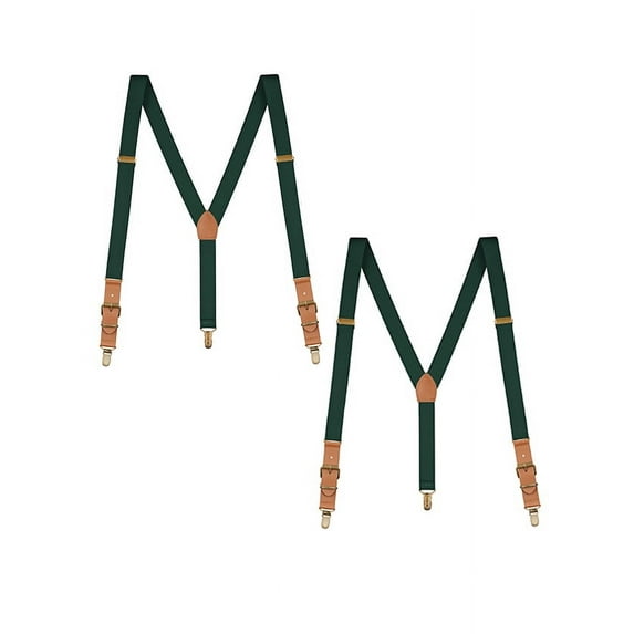 Buyless Fashion Leather End 2 Pack Suspenders for Men - 48" Elastic Adjustable Straps 1" - Y Shape - 5136-2-Hunter-Green