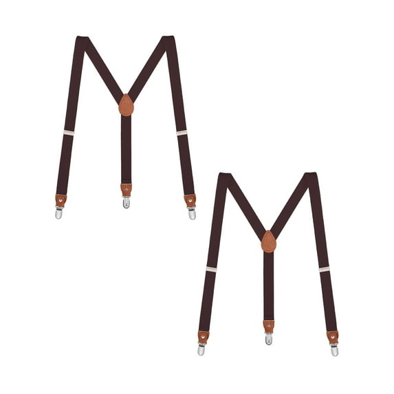Buyless Fashion Leather End 2 Pack Suspenders for Men - 48" Elastic Adjustable Straps 1" - Y Shape - 5138-2-Brown