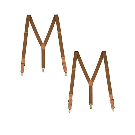 Buyless Fashion Leather End 2 Pack Suspenders for Men - 48" Elastic Adjustable Straps 1" - Y Shape - 5136-2-Camel