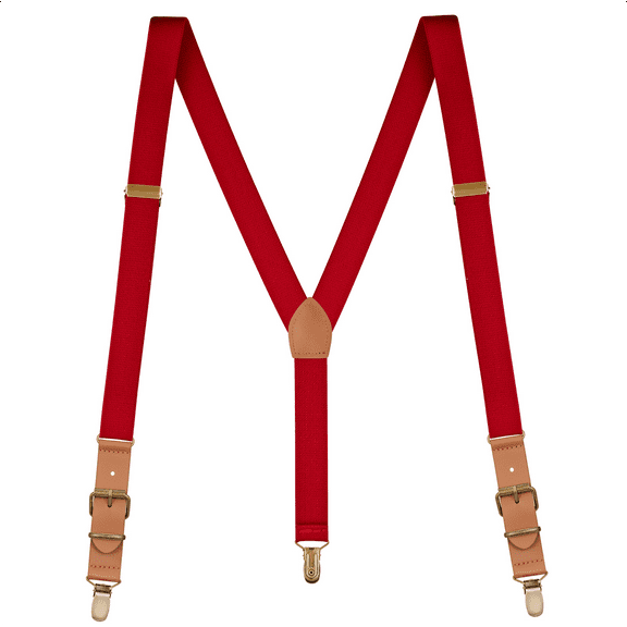 Buyless Fashion Leather End Suspenders for Men - 48" Elastic Adjustable Straps 1" - Y Shape - 5136-Red