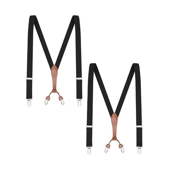 Buyless Fashion Mens 2 Pack Suspenders - 48" Elastic Adjustable Straps 1" - Leather Y Shape Back - 5118-2-Black