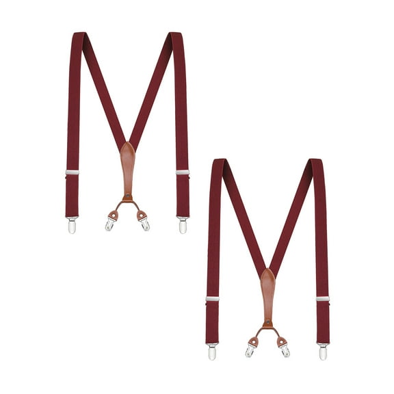Buyless Fashion Mens 2 Pack Suspenders - 48" Elastic Adjustable Straps 1" - Leather Y Shape Back - 5118-2-Burgundy