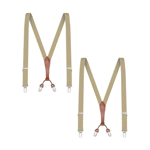 Buyless Fashion Mens 2 Pack Suspenders - 48" Elastic Adjustable Straps 1" - Leather Y Shape Back - 5118-2-Tan