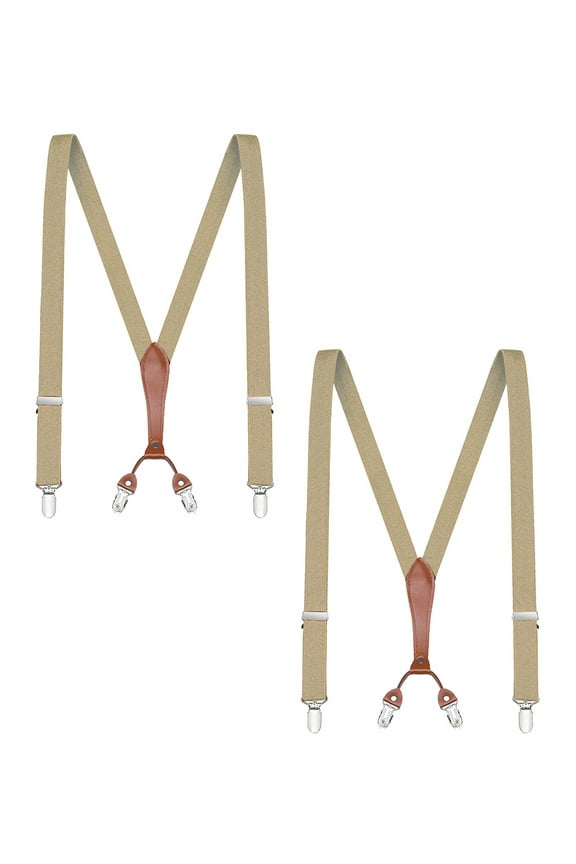 Mens 2 Pack Suspenders - 48" Elastic Adjustable Straps 1" - Leather Y Shape Back - 5118-2-Tan