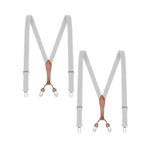 Buyless Fashion Mens 2 Pack Suspenders - 48" Elastic Adjustable Straps 1" - Leather Y Shape Back - 5118-2-Gray