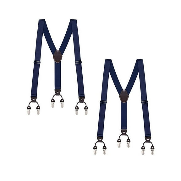 Buyless Fashion Satin Twill Formal Mens 2 Pack Suspenders - 48" Adjustable 6 Clip Y Back - 1 1/4" Leather End - 5143-2-Navy