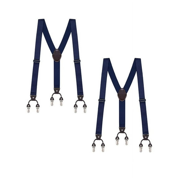 Buyless Fashion Satin Twill Formal Mens 2 Pack Suspenders - 48" Adjustable 6 Clip Y Back - 1 1/4" Leather End - 5143-2-Navy