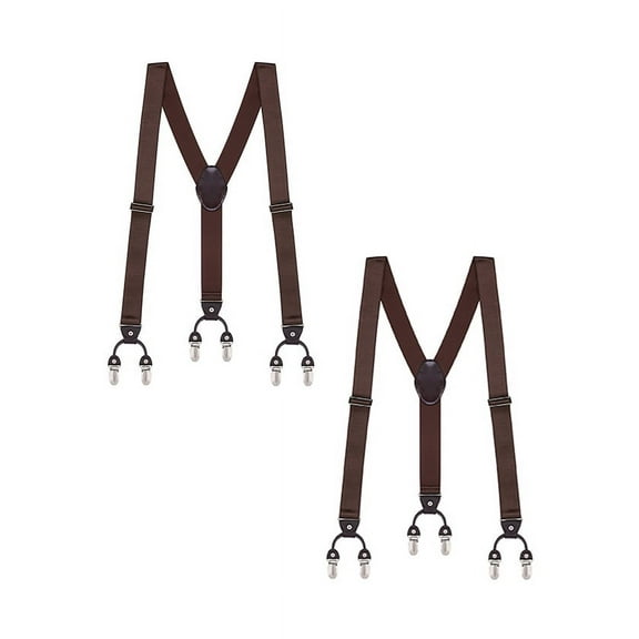 Buyless Fashion Satin Twill Formal Mens 2 Pack Suspenders - 48" Adjustable 6 Clip Y Back - 1 1/4" Leather End - 5143-2-Brown