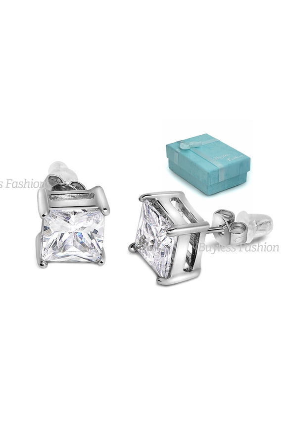 Surgical Steel Squared Crystal CZ Earrings In Gift Box - 4X4 White/White Stud