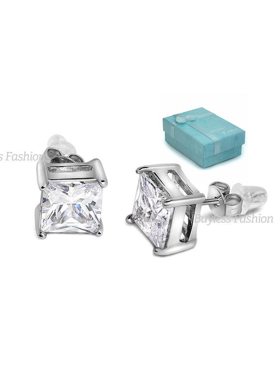 Surgical Steel Squared Crystal CZ Earrings In Gift Box - 4X4 White/White Stud