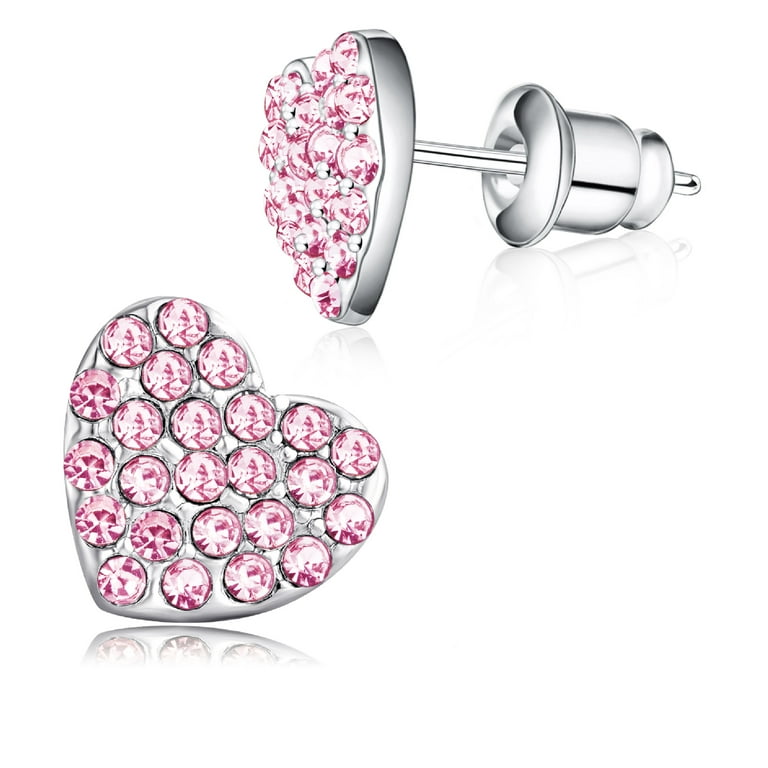 Buyless Fashion Womens and Girls Heart Stud Earrings - Hypoallergenic  Rhodium Plated Push Back Design 