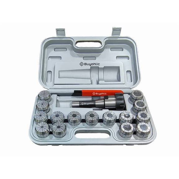Buyohlic 15 Pc ER40 Precision Collet Set with R8 Bridgeport Shank Holder & Wrench Milling & Drilling