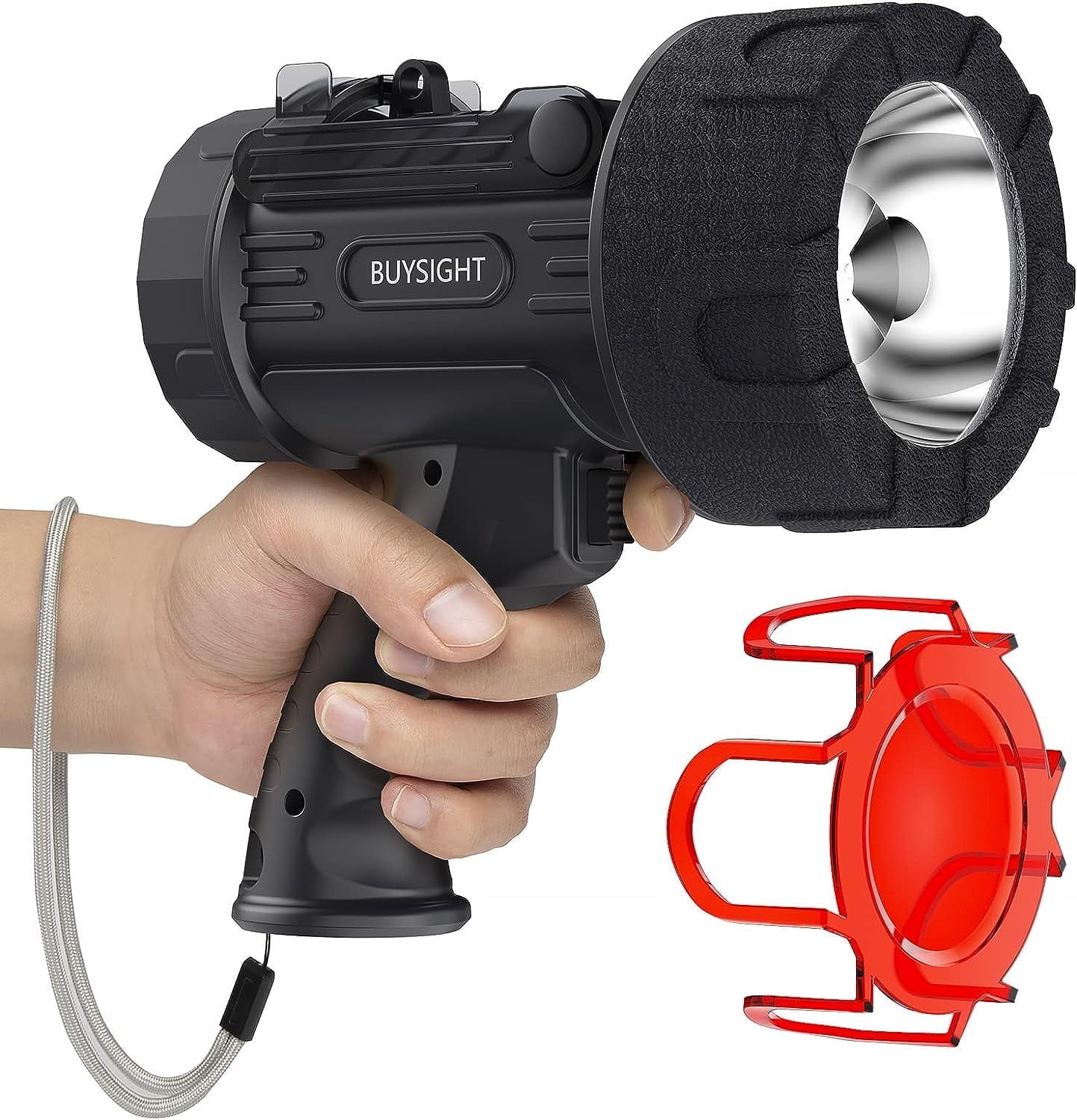 BUYSIGHT Rechargeable Spotlight Flashlight,1000000 lumens Hand held Spotlight Waterproof Flashlight Hunting Lamp with red Filter (Black)