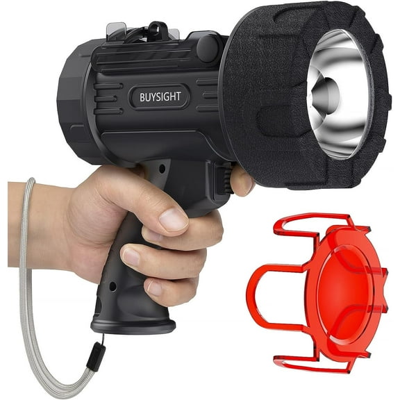 BUYSIGHT Rechargeable Spotlight Flashlight,1000000 lumens Hand held Spotlight Waterproof Flashlight Hunting Lamp with red Filter (Black)