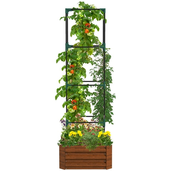 Buytoshop 24"L x 24"W x 11.75"H Metal Raised Garden Bed, Outdoor Planter Box with Trellis for Climbing Vegetables and Flowers, Brown