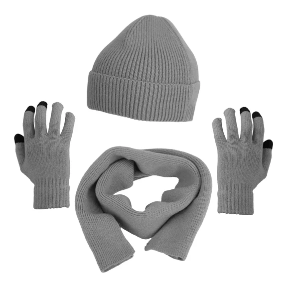 Buytoshop 3Pcs Winter Knitted Hat Scarf Gloves, Warm Beanie,Touch Screen Gloves and Long Neck Scarf Set, for Men Women,Grey