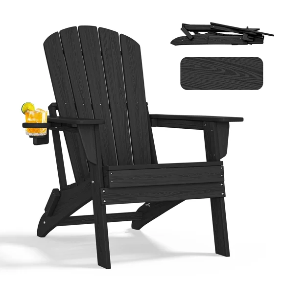 Buytoshop HDPE Folding Adirondack Chair with Cup Holder, 1Pack,Black