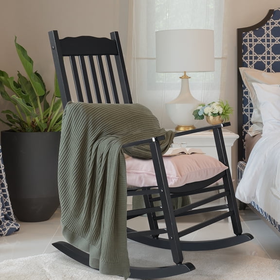 Buytoshop Outdoor Porch Square Wooden Rocking Chair with Wavy Backboard,Black