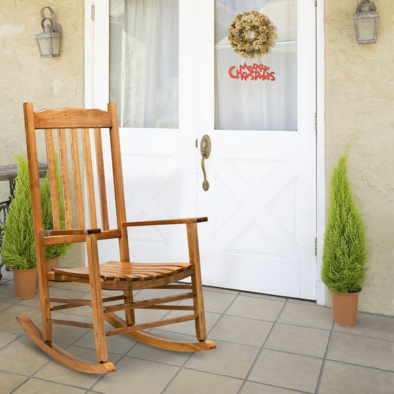 Buytoshop Outdoor Porch Square Wooden Rocking Chair with Wavy Backboard,Original Color