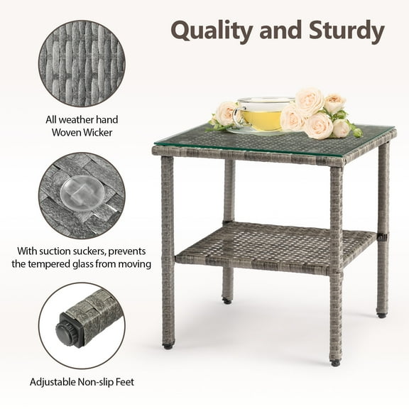 Buytoshop Square Double Layer Side Table with Glass Tabletop, Gray(gradient rattan)