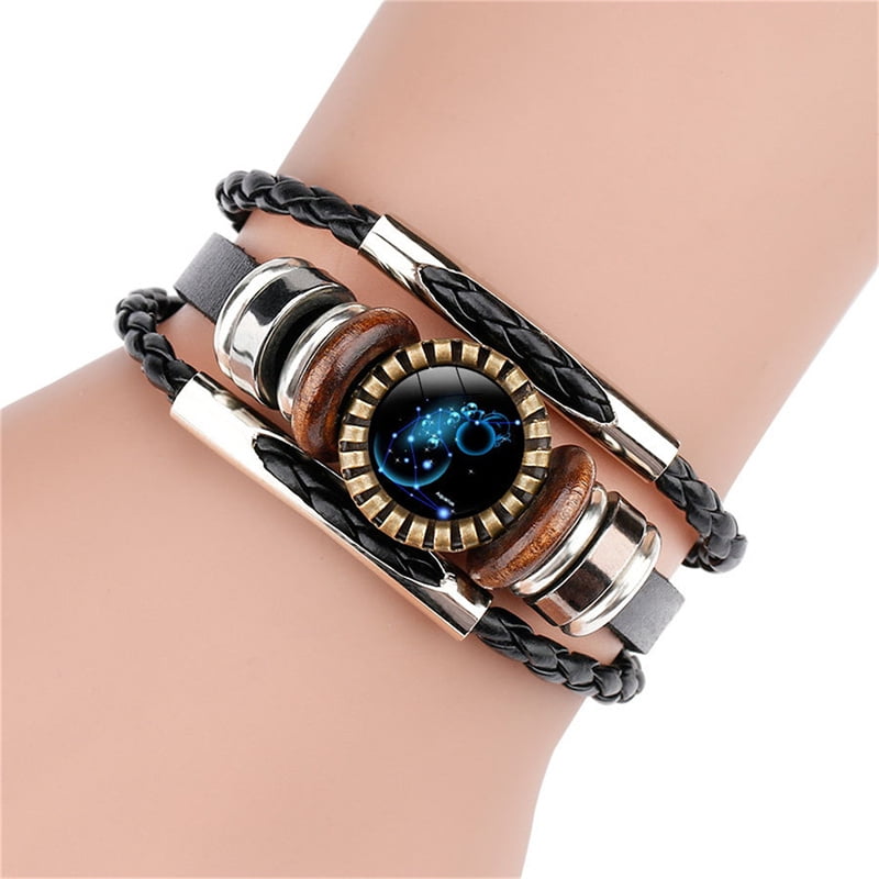 Buytra 12 Constellation Zodiac Sign Black Braided Leather Bracelet