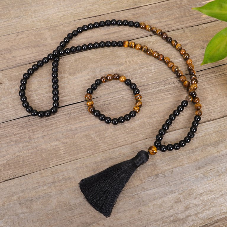 Black Onyx Buddhist Mala Beads Necklace with Black Tassels - One