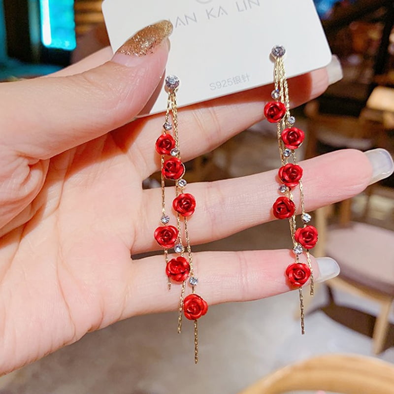Korean Red Flower Long Chain Drop Earrings for Women Girls western Trendy  Party Wear Stylish Latest