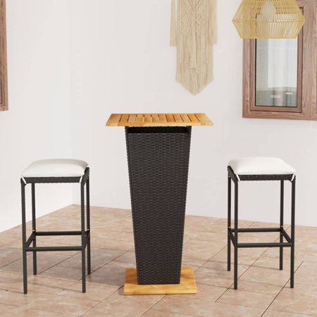 Buyweek 3 Piece Patio Bar Set with Cushions Poly Rattan Black