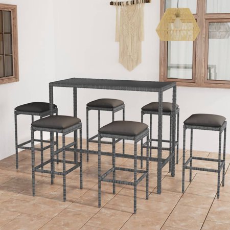 Buyweek 7 Piece Patio Bar Set with Cushions Poly Rattan Gray