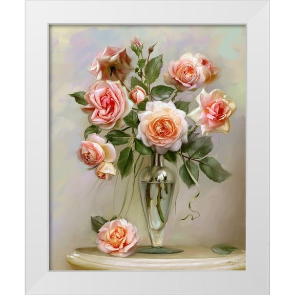 Buzin, Igor 12x14 White Modern Wood Framed Museum Art Print Titled - Roses on a marble table