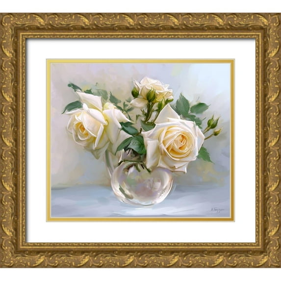 Buzin, Igor 13x12 Gold Ornate Wood Framed with Double Matting Museum Art Print Titled - White roses