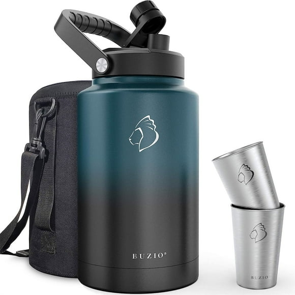 BUZIO 1 Gallon 128 oz Insulated Water Bottle Large Stainless Steel Water Jug 4.33 in Big Wide Mouth Leak Proof Metal Flask with Carrying Sleeve for Camping,Gym, Hiking