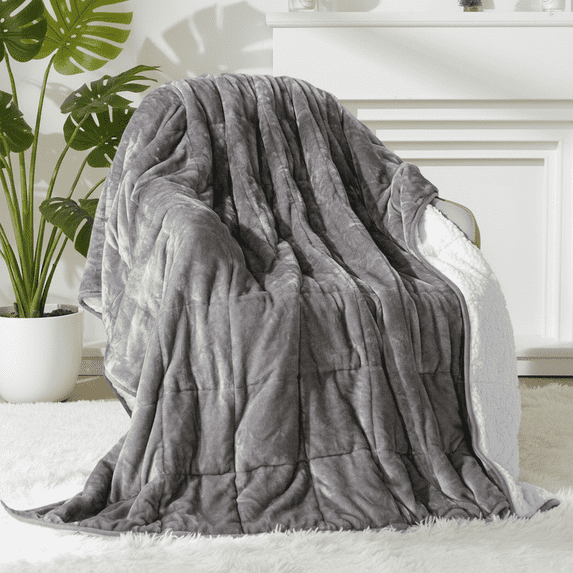 Buzio 15 lbs 60x80 inches Queen Size Sherpa Fleece Soft Cozy Fuzzy Heavy Weighted Blanket for Adults, Gray White