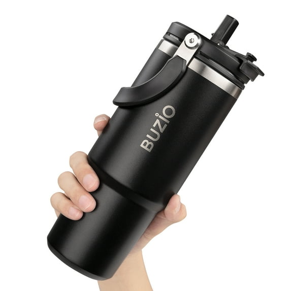 BUZIO 30 oz Stainless Steel Vacuum Insulated Tumbler with 2-in-1 Lid and Straw Iced Tea Coffee Tumbler Cup with Handle,Black
