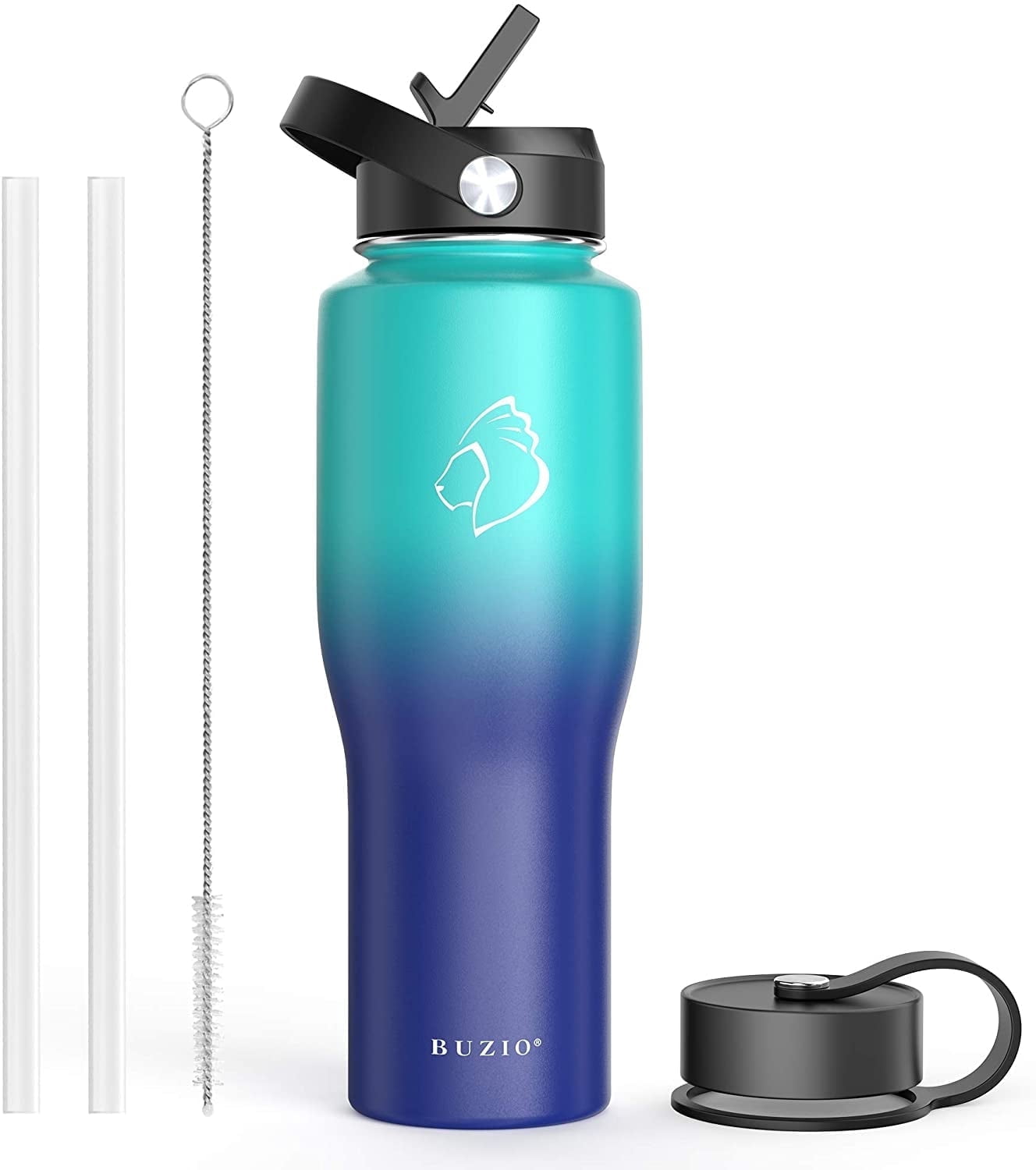 BUZIO 32oz Insulated Stainless Steel Water Bottle, Straw Lid, Flex Cap ...