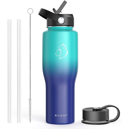 Buzio 32oz Insulated Stainless Steel Water Bottle with Straw Lid and Flex Cap Fit in All Car Cup Holder, Green Blue Gradient