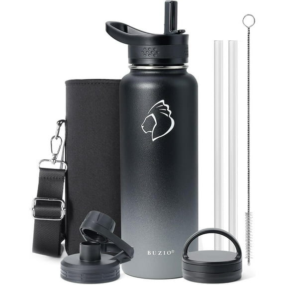 Buzio 40 oz Leak Proof Anti-Slip Stainless Steel Water Flask Jug Insulated Water Bottle with Straw & 3 lid and Carrying Pouch,Shadow