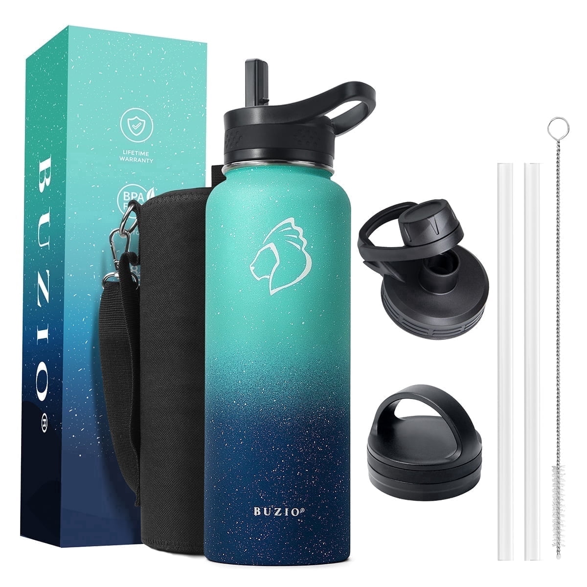 Buzio 40 oz Insulated Water Bottle with Straw & 3 Lids, Half Gallon Water Bottle Stainless Steel with Carrying Strap for Gym Sports Outdoor Hiking, Starry Pacific
