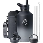 Buzio 64 oz Insulated Water Bottle with Straw & 3 Lids, Half Gallon Water Bottle Stainless Steel with Carrying Case for Gym Sports Outdoor Hiking, Black and Gra