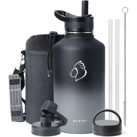 Buzio 64 oz Insulated Water Bottle with Straw & 3 Lids, Half Gallon Water Bottle Stainless Steel with Carrying Case for Gym Sports Outdoor Hiking, Black and Gray